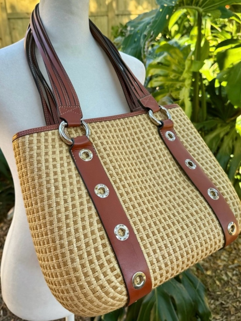 Maxx New York Woven Straw Tote with Brown Leather Trim